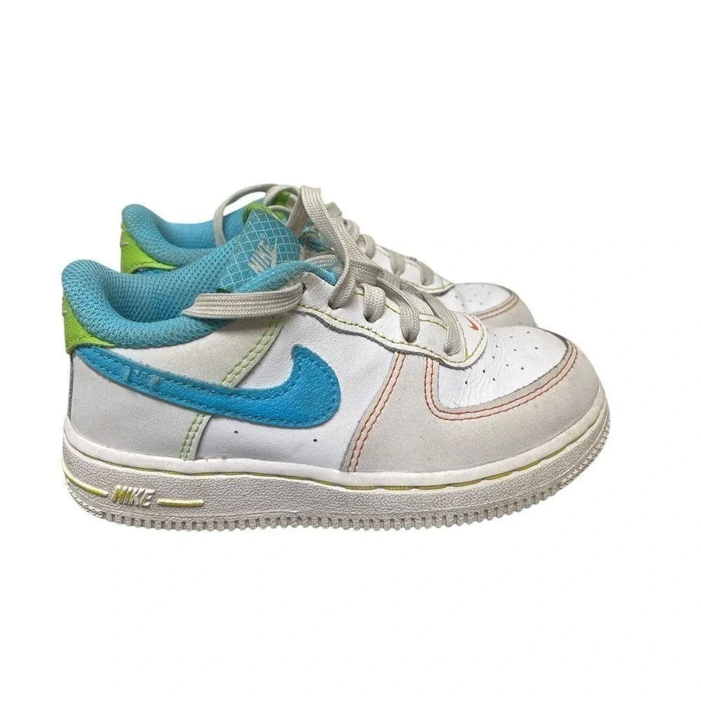 Nike Air Force 1 Low Kids 9C White Blue Green FJ4811-100 Contrast Stitch